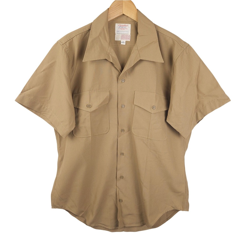 Vintage Creighton USMC Shirt Khaki Tan Wool Blend‎ Button Up Mens Large 16.5 USA